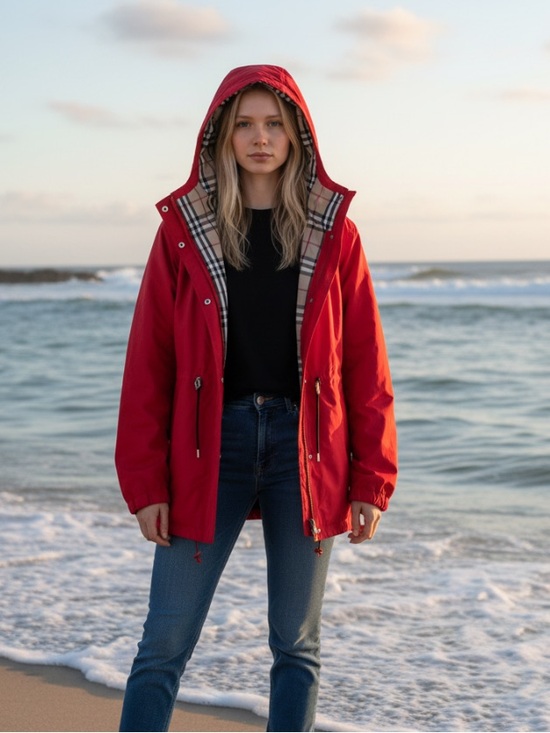 Burberry Jackets & Blazers - Burberry Red Hooded Coat with Signature Check Lining